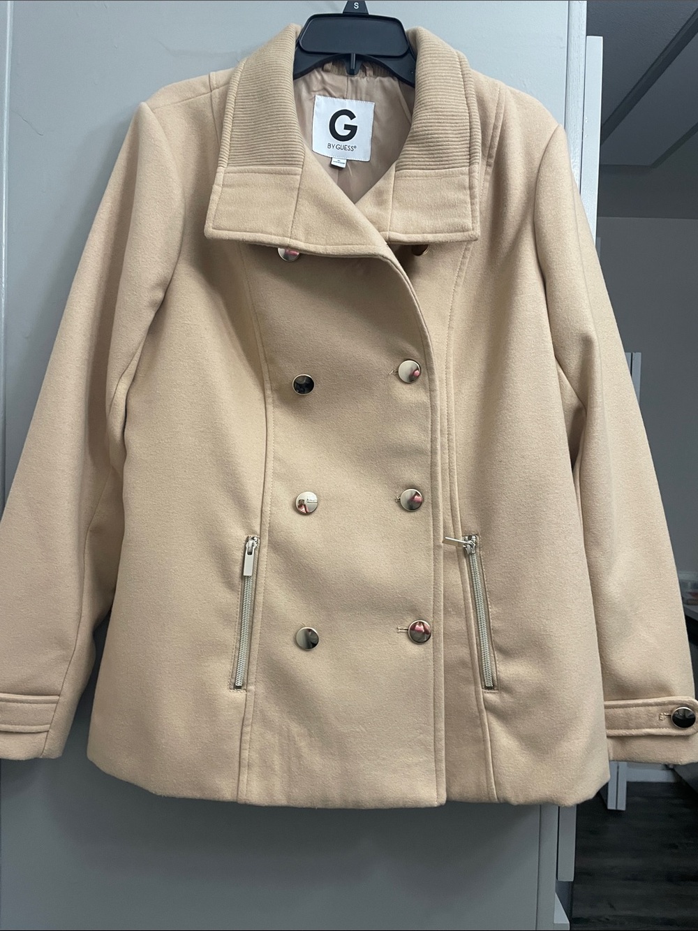 G by Guess Cream Double-Breasted Pea Coat with Zip Pockets